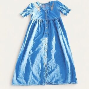 Vintage 90s Denim Maxi Dress Beaded Eagle Western 12P‎ Blue Boho Prairie